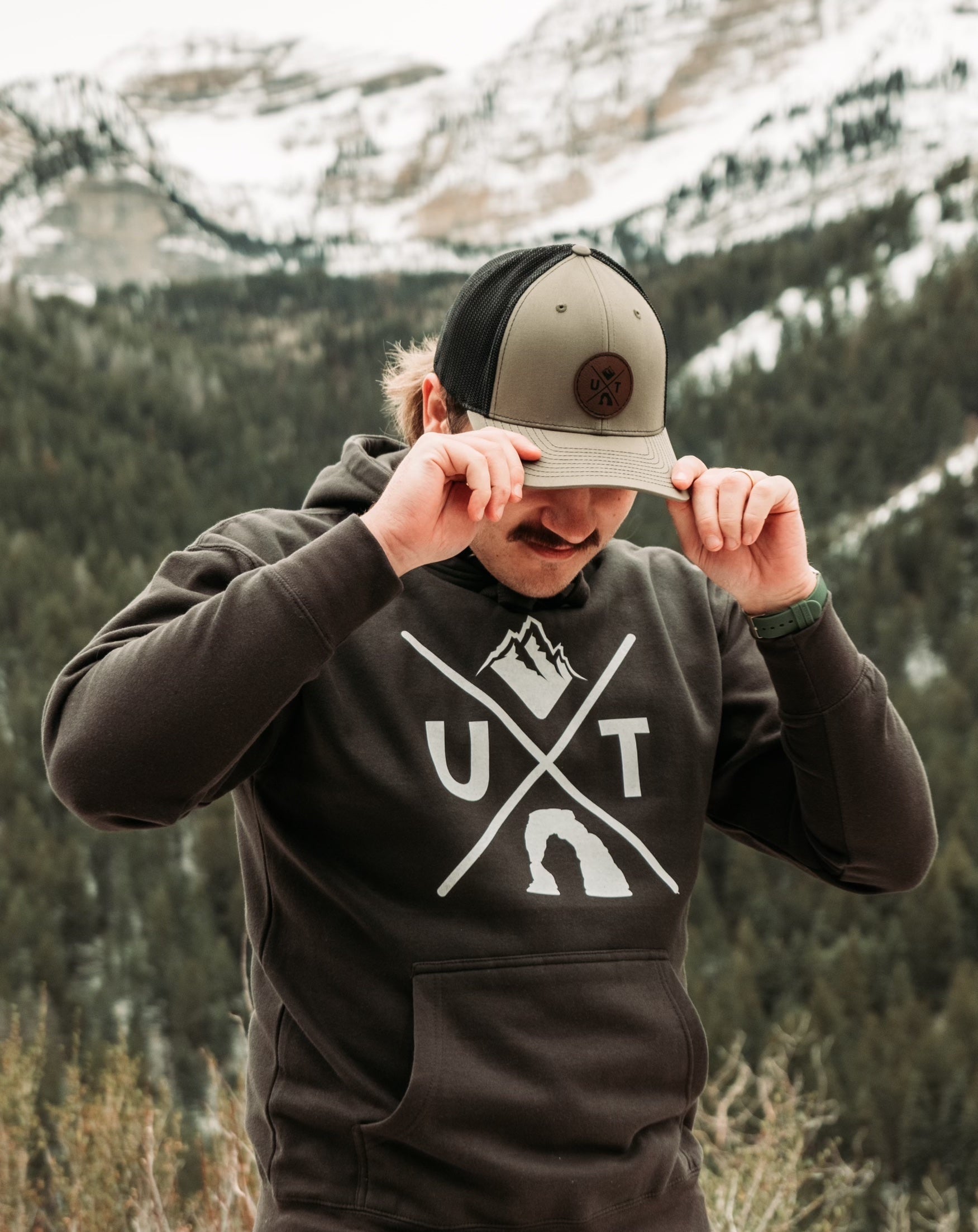 Man in Champion Timpanogos hiking hoodie